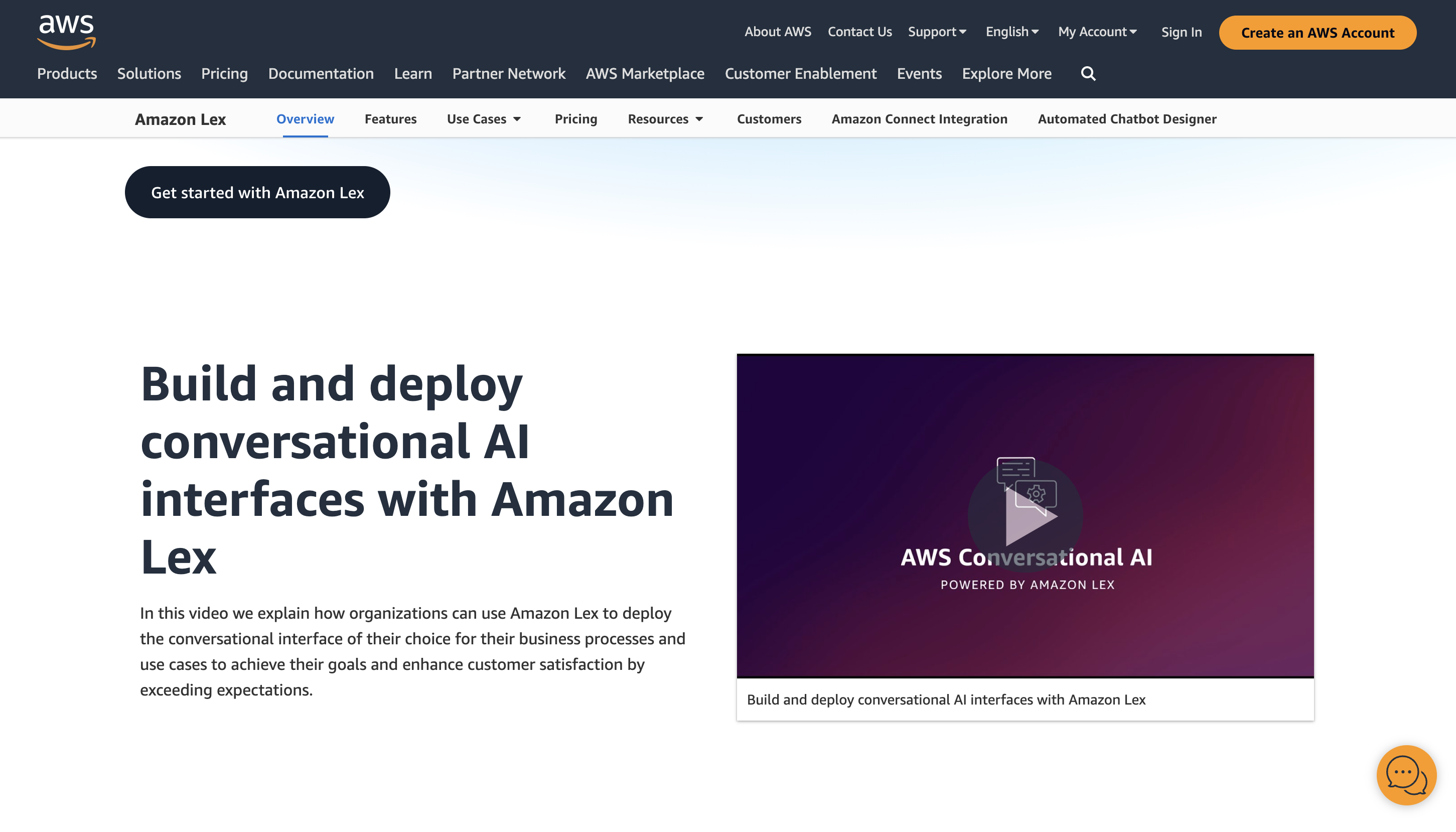 Screenshot of Amazon Lex homepage