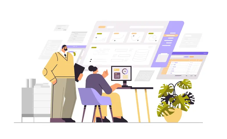 Illustration of two employees looking at computer screen.