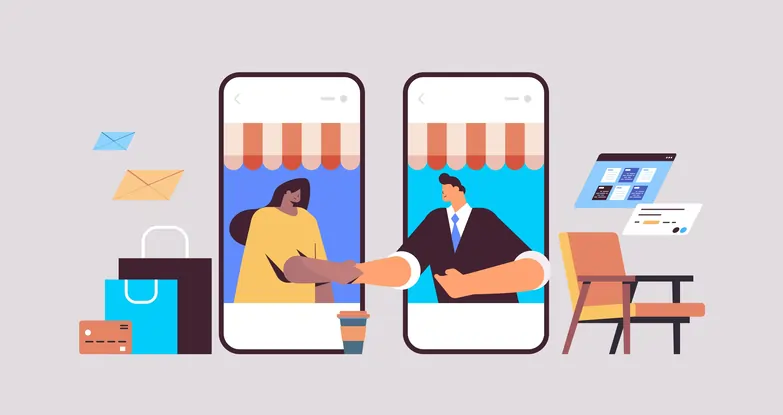 An illustration of two people in smartphones shaking hands after a purchase.