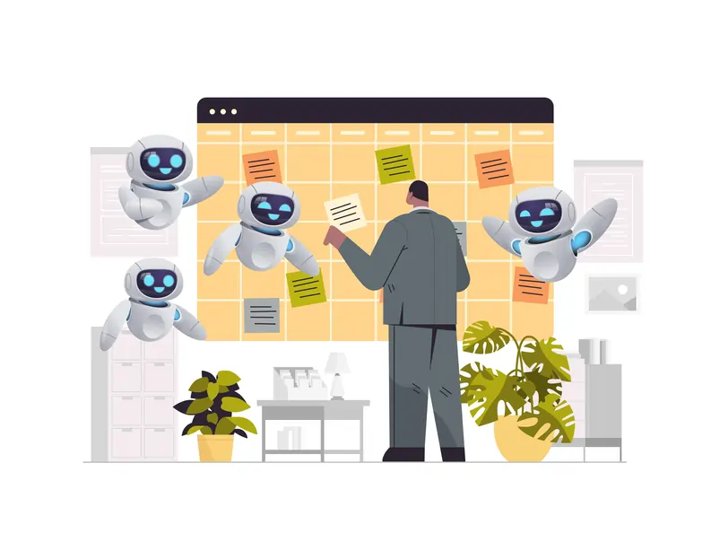Illustration of robots helping a man pin notes to a calendar. 