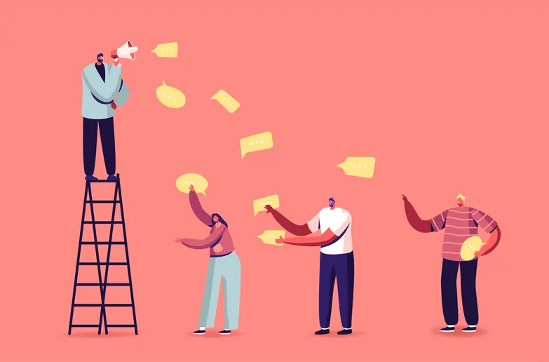 Illustration of man on ladder with bullhorn sharing speech bubbles with people below. 