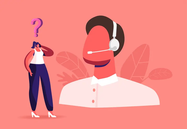 Illustration of man with headset and woman on phone with a question mark.n