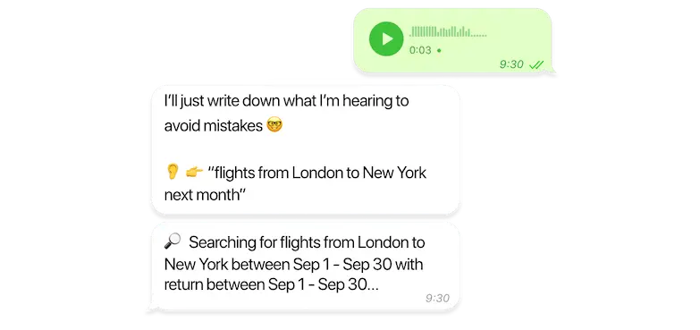 Conversation with Eddy Travels Bot showing an audio message and a response with flight from London to New York.