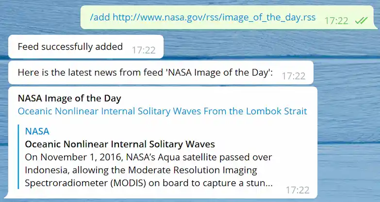 Screenhot of a conversation with the Feed Reader Bot, adding NASA's image of the day.