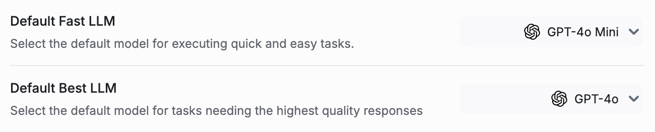 Screenshot depicting choice between 'fast' and 'best' LLM defaults on the Botpress platform.