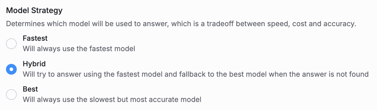 Screenshot of the model strategy selection on Botpress, a choice between fastest, hybrid, and best.