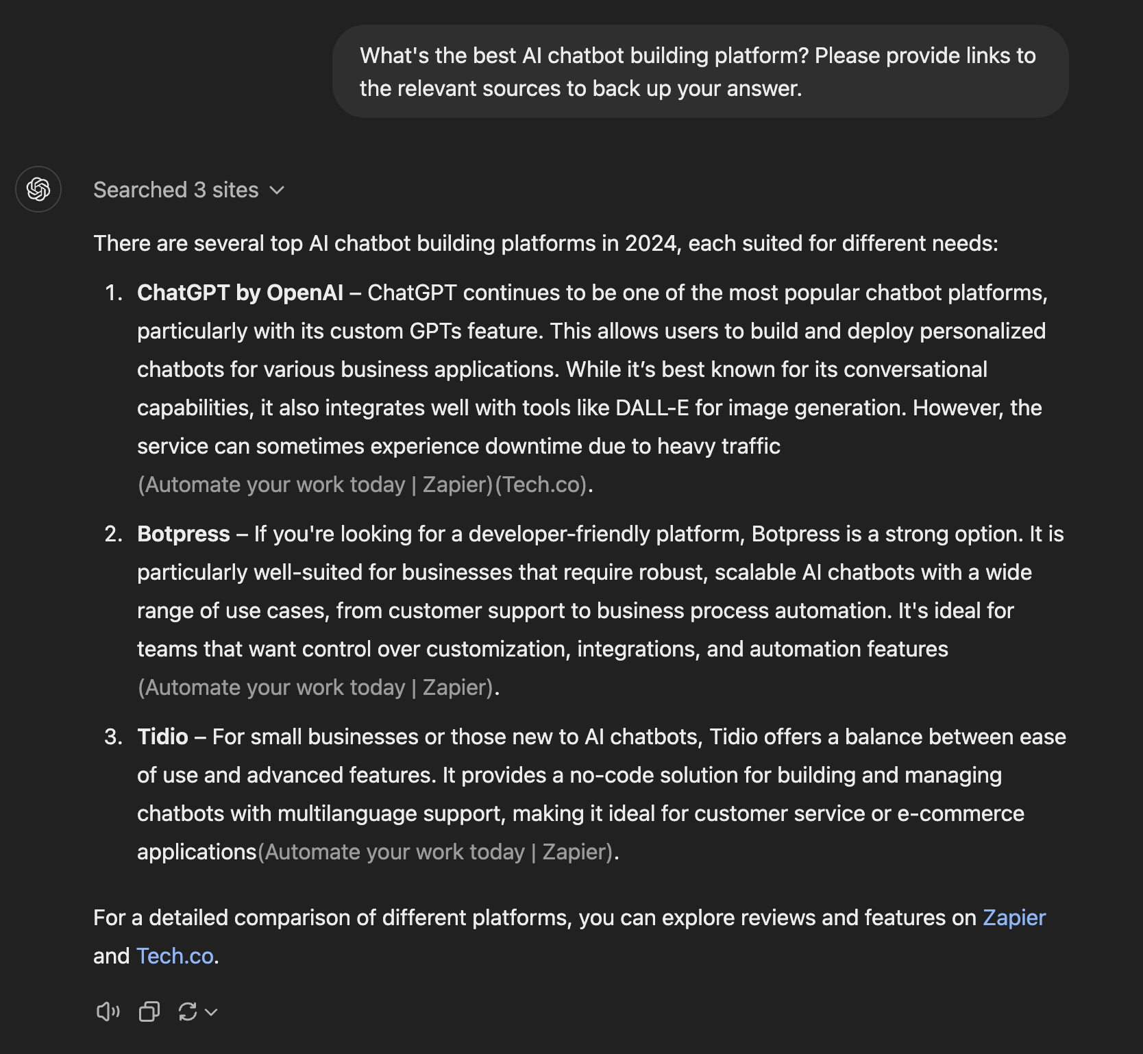 ChatGPT prompt and response asking for a sourced answer of the best AI chatbot platforms. The response includes clickable links to source the information.