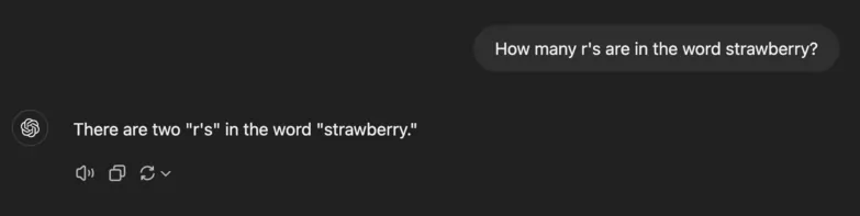Screenshot: ChatGPT replies there are 2 'r's in the word strawberry.