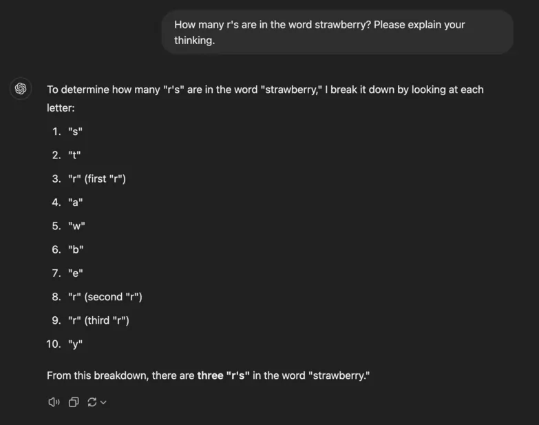 Screenshot: ChatGPT is asked to show its thinking and spells out the word strawberry, correctly identifying the 3 'r's.