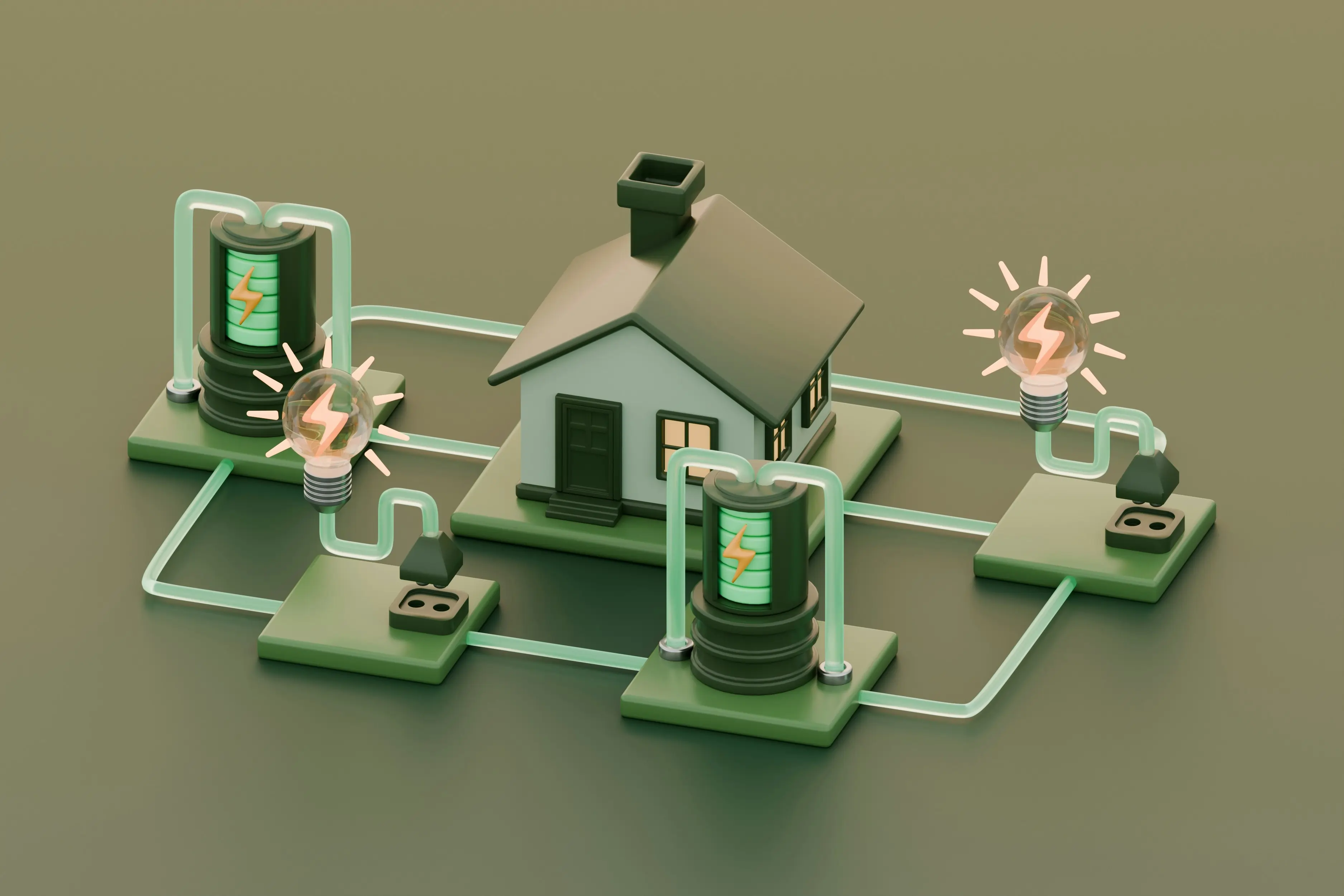 A green graphic of a house connected to different batteries and lighbulbs,