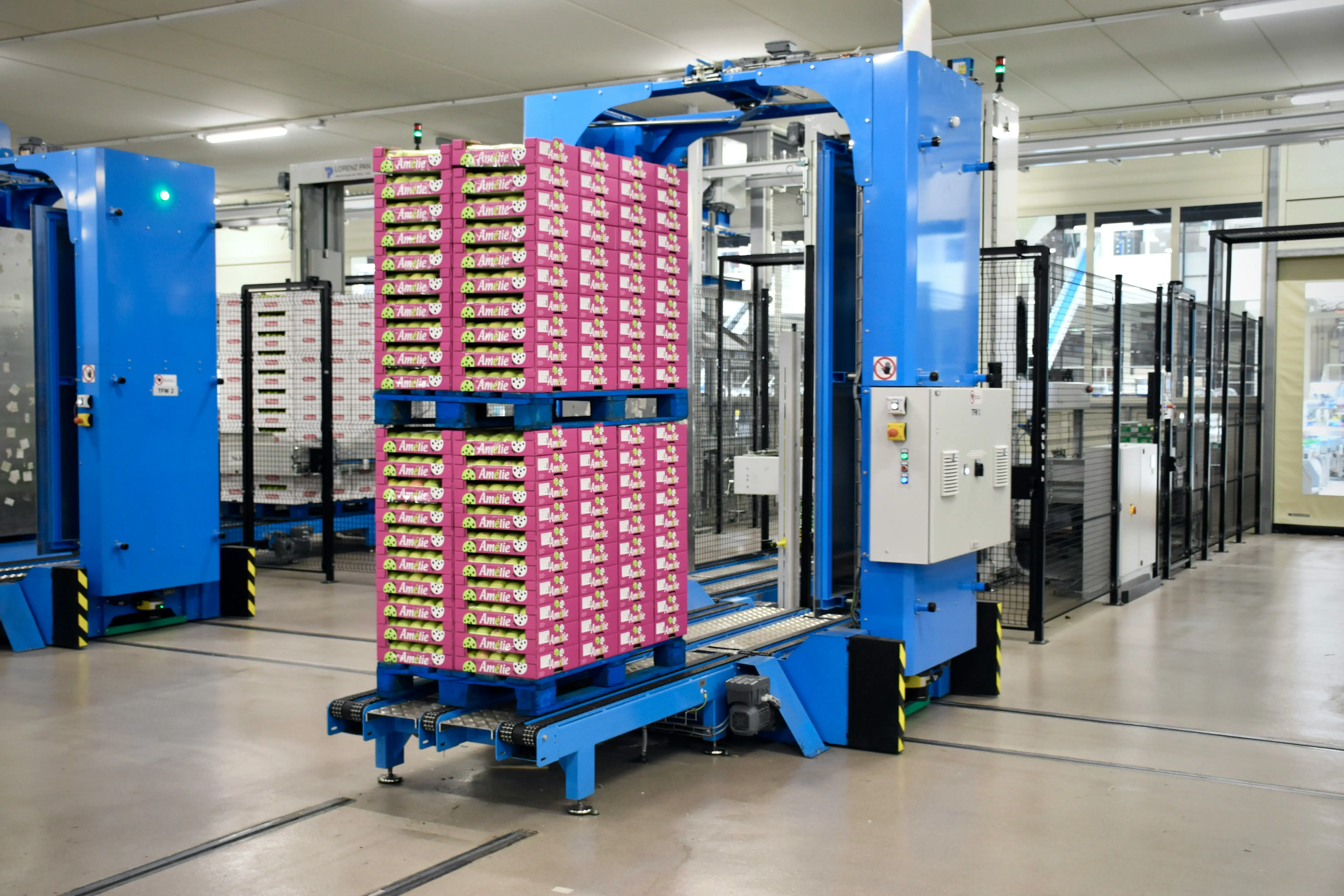 A blue machine in a factory lifts pink crates of product.