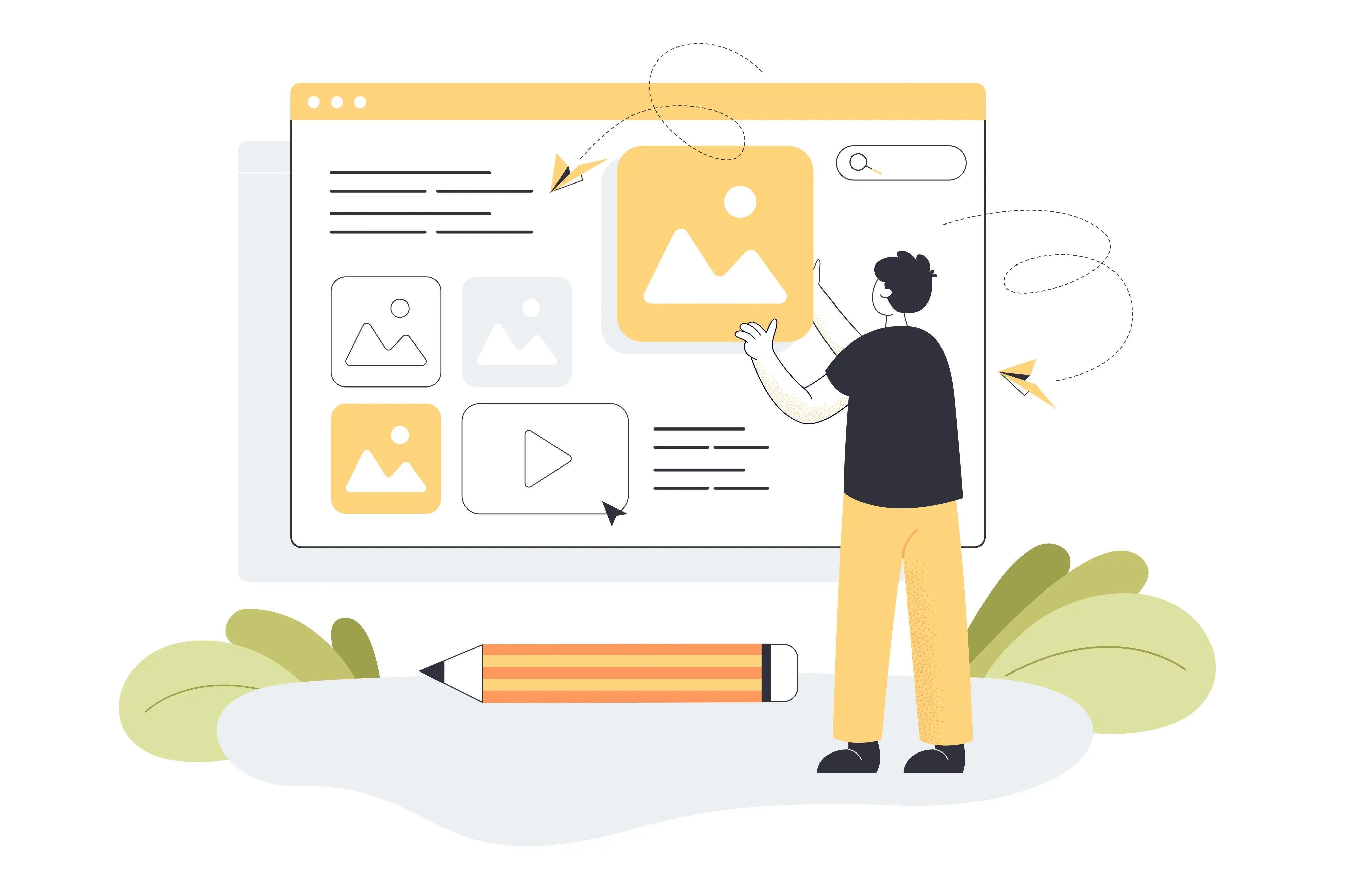 An illustration of a man rearranging abstract images and text on a screen.