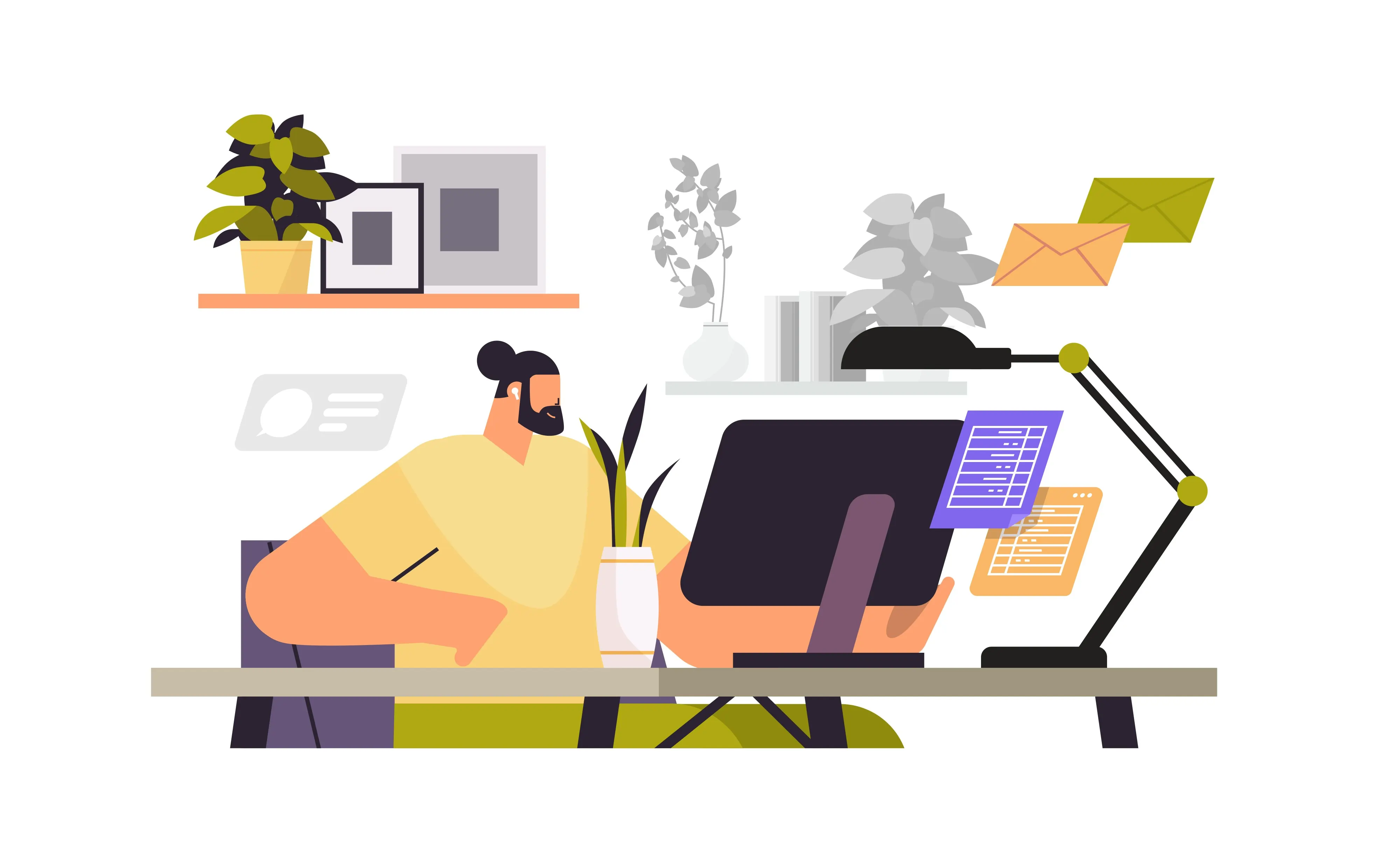 An illustration of a man sitting at a computer.