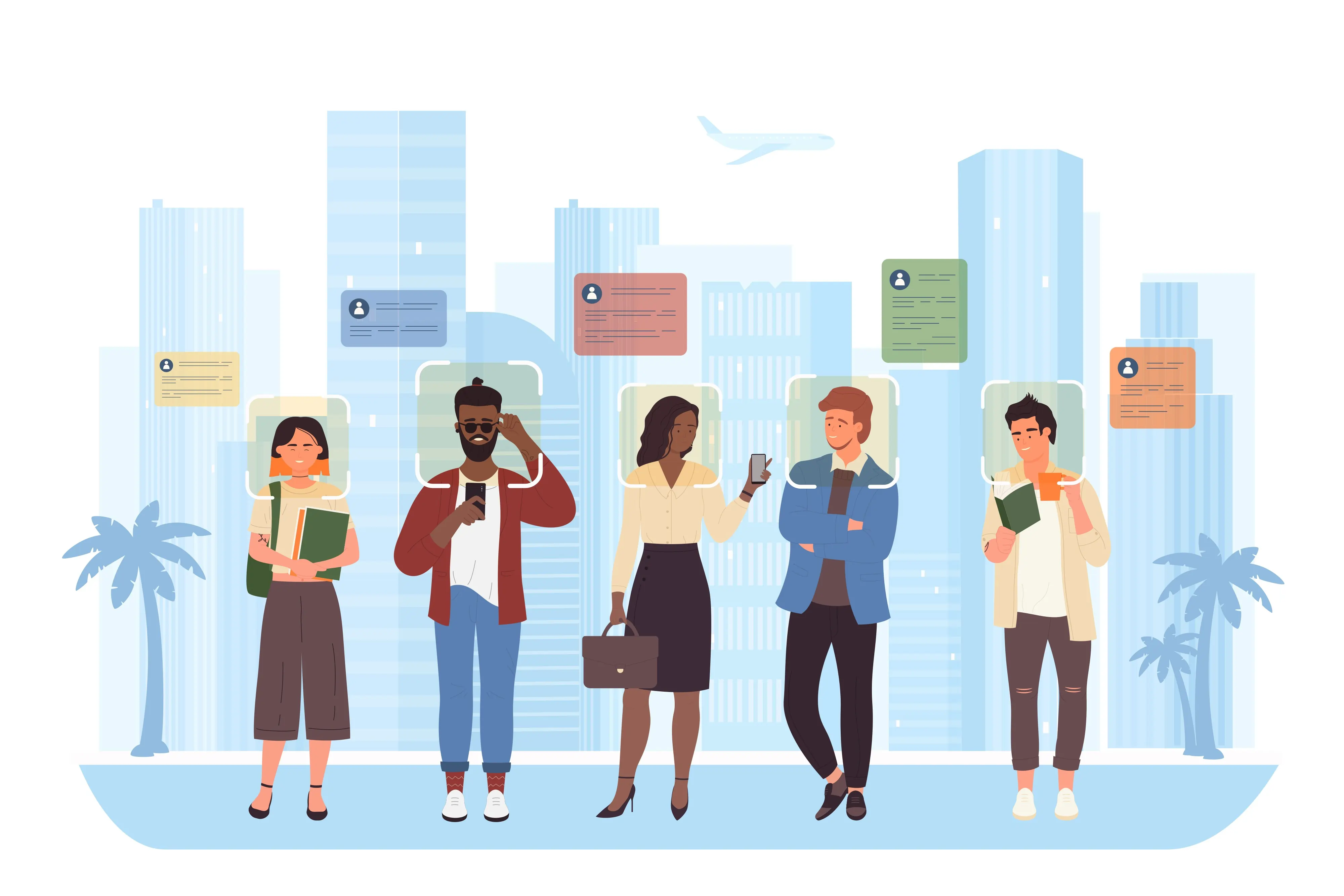 An illustration of 5 people with small profiles above them.