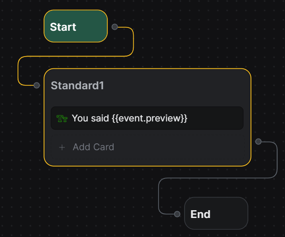 A screenshot from the Botpress studio showing a start node connecting to an event, connecting to an end node. 