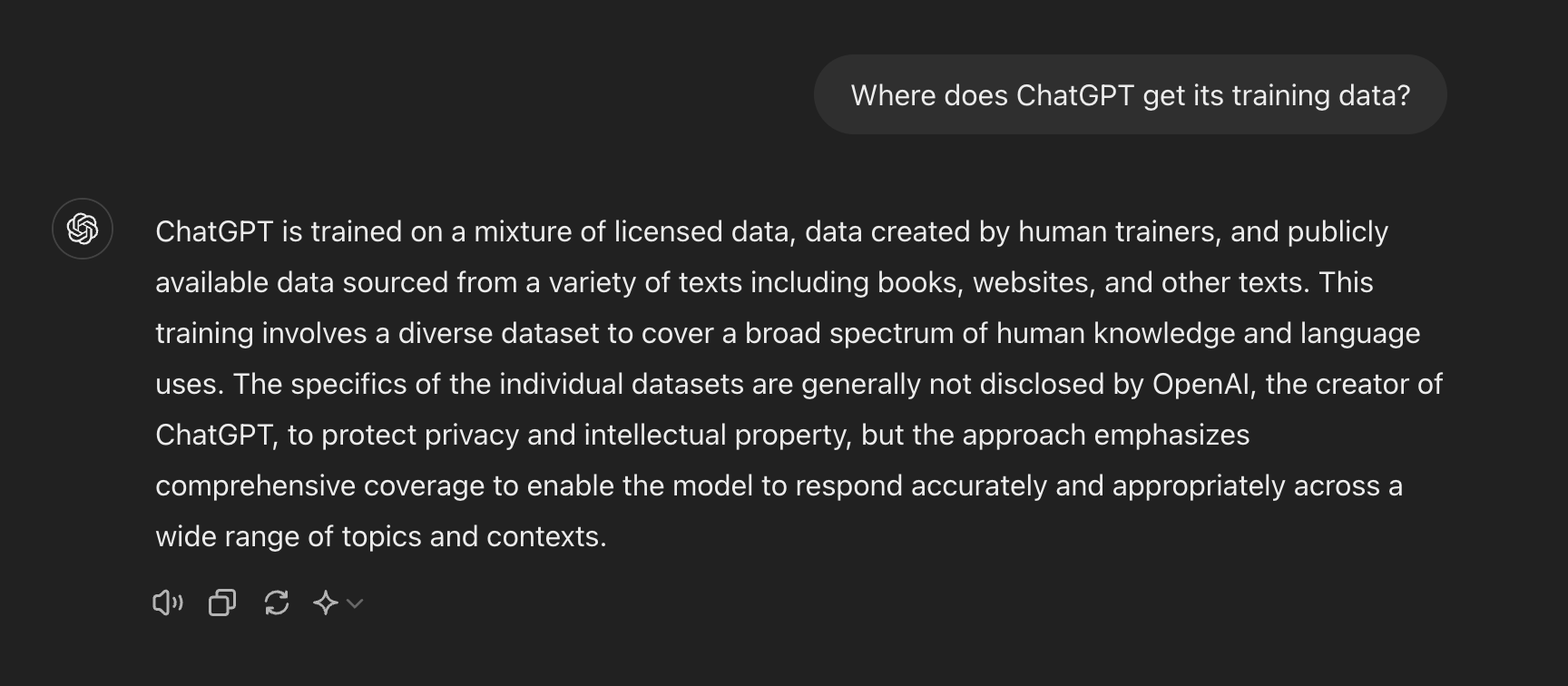 A screenshot of ChatGPT answering where it gets its training data from.