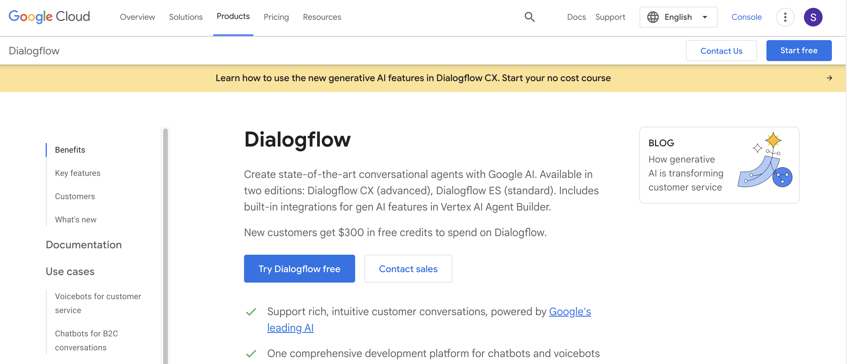 Screenshot of the white Dialogflow home page.
