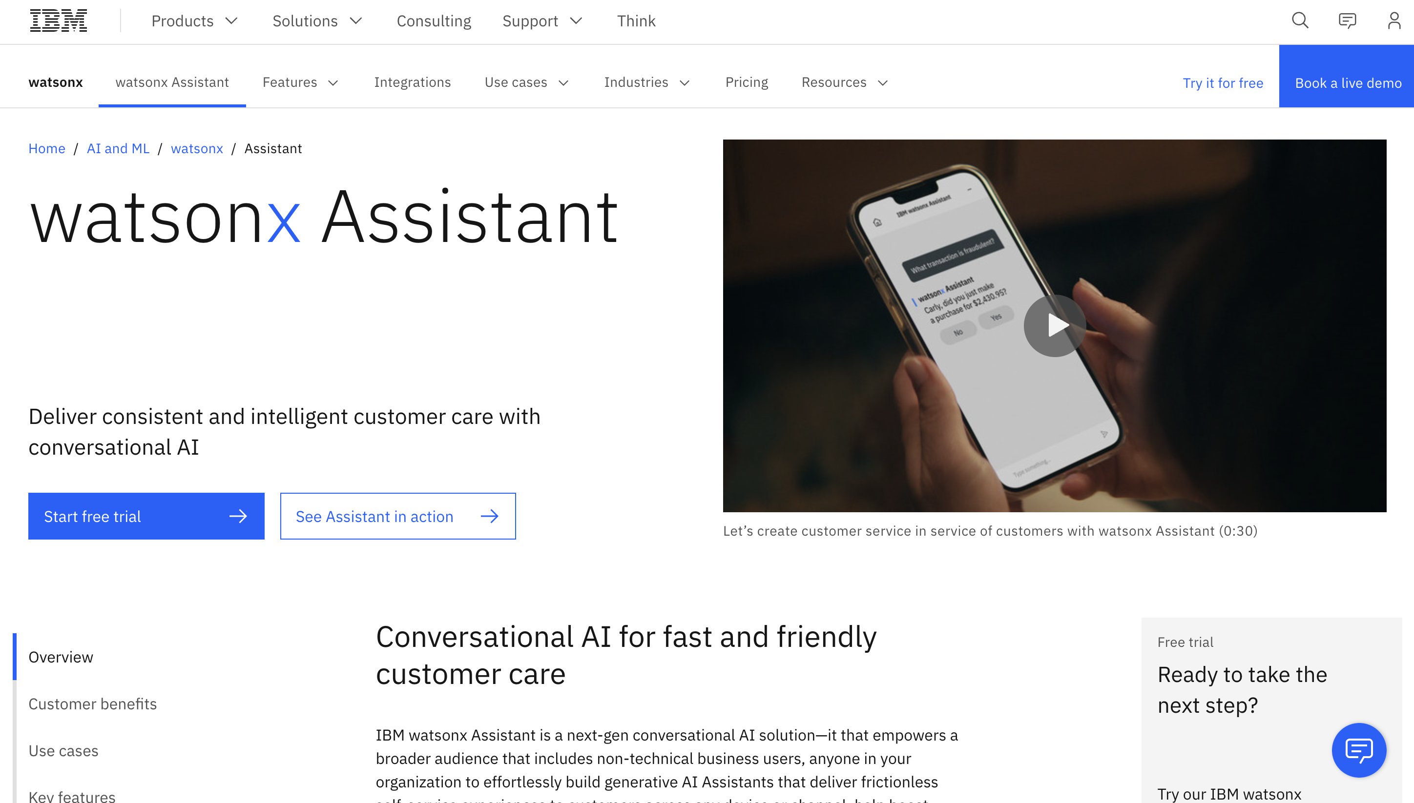 Screenshot of the white IBM Watson Assistant home page.