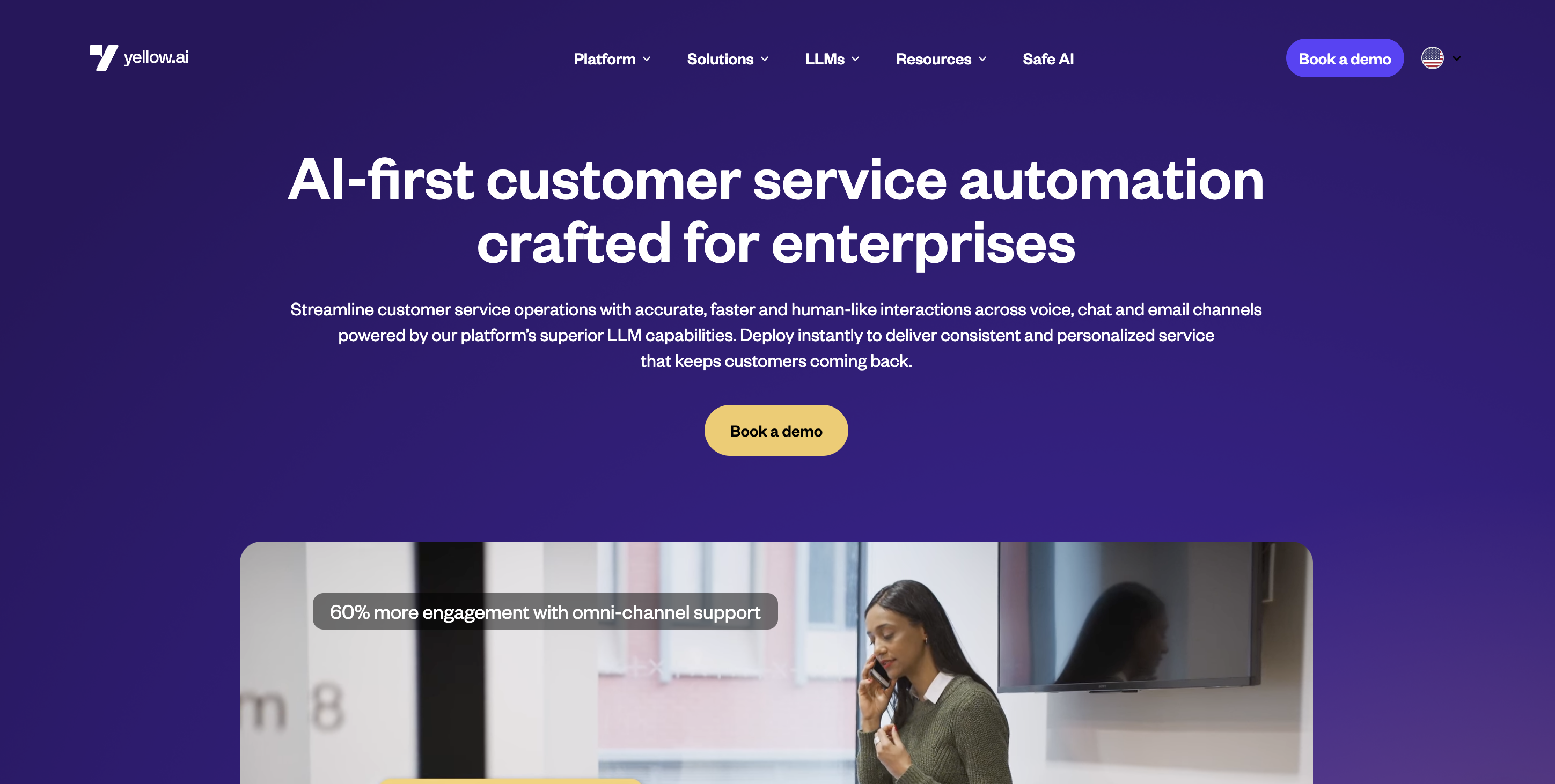 Screenshot of the purple Yellow.ai home page.