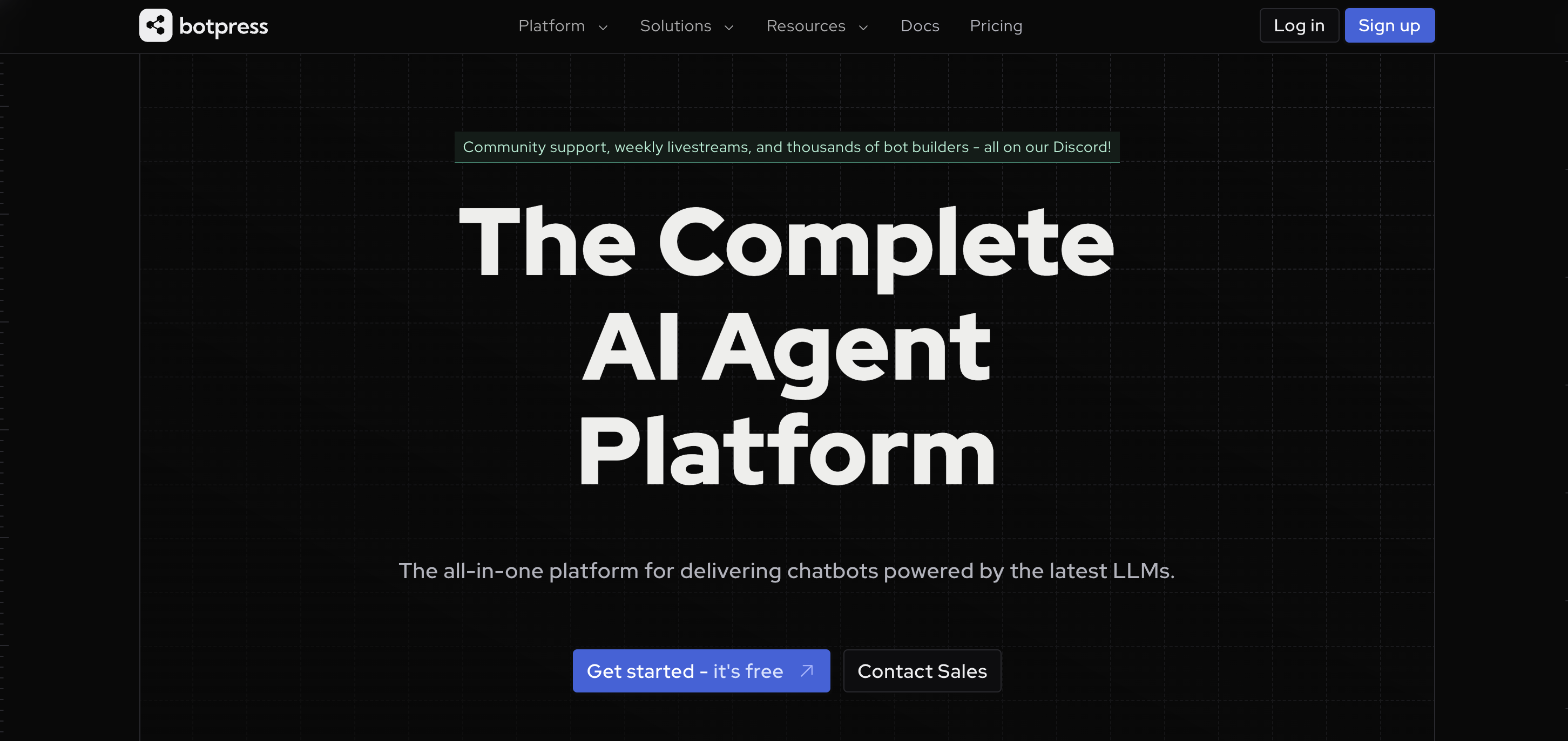 Screenshot of the black Botpress home page.