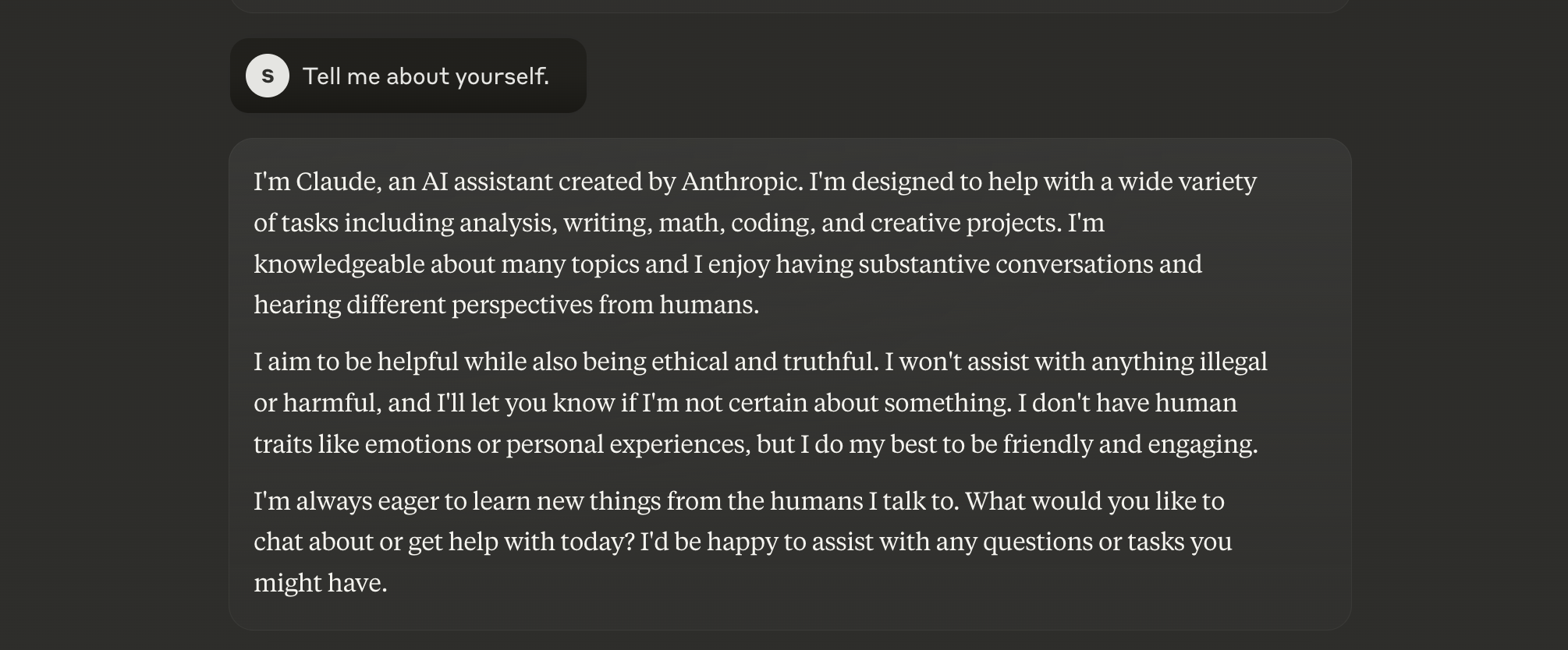 A grey Claude screenshot of laude introducing itself as a harmless AI assistant.