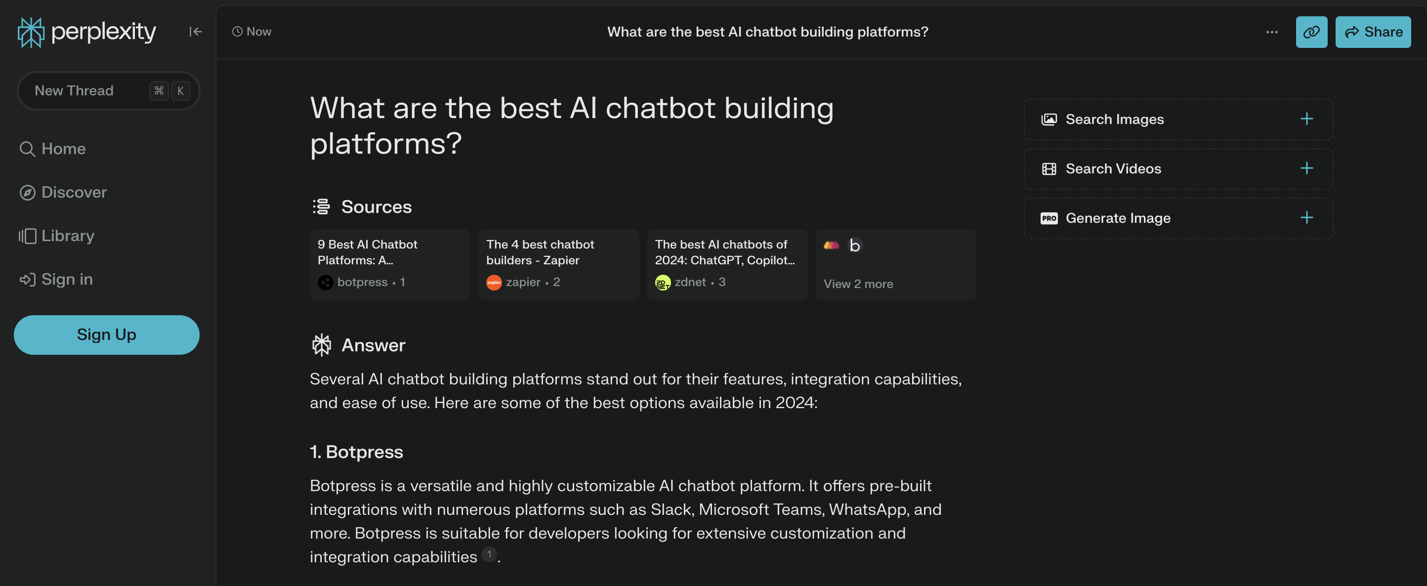 A perplexity screenshot with the question 'What are the best AI chatbot building platforms?'