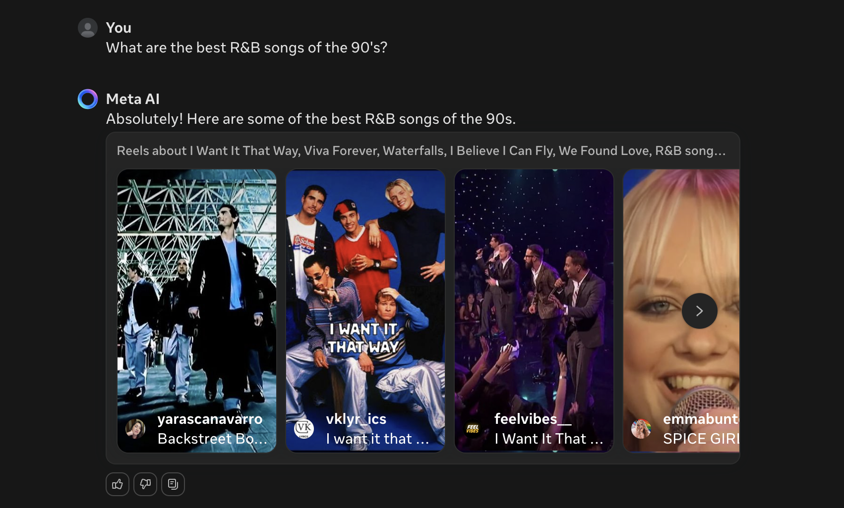 A screenshot of a request on Meta AI for the best R&B songs of the 90's. the response is a collection of Instagram reels.