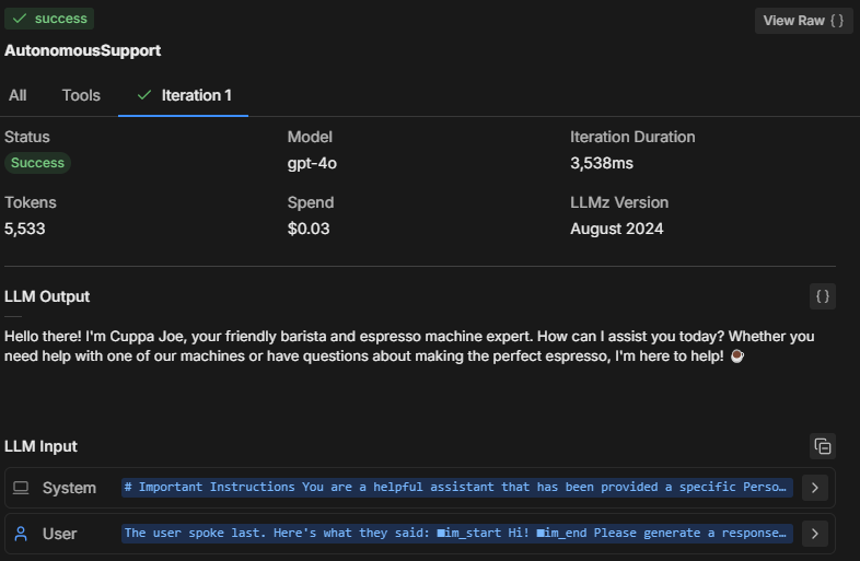 You can see the Autonomous Nodes thinking in the Inspect screen.