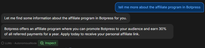 Example of the Autonomous Node interaction and the Inspect button, in the emulator.