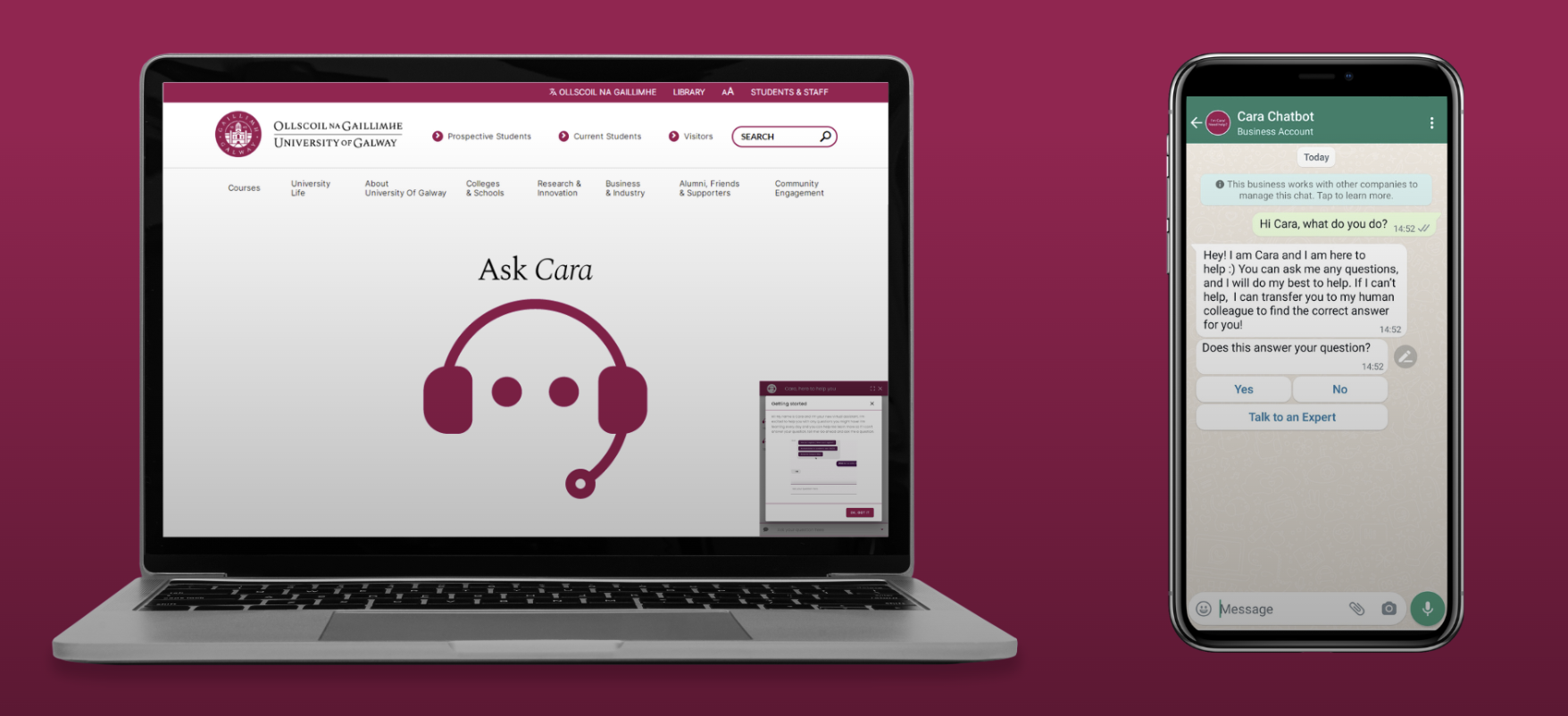 Screenshot of 'Ask Cara' on a laptop screen and a smartphone WhatsApp conversation.