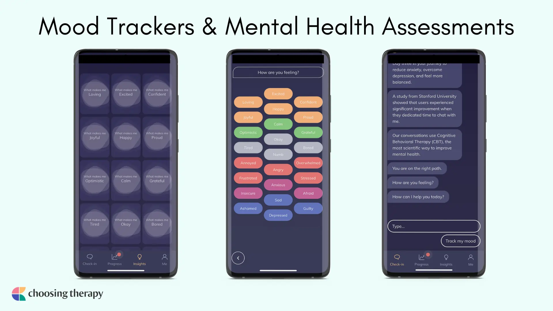 Mock-up of 3 smartphones featuring the Youper mood tracker.
