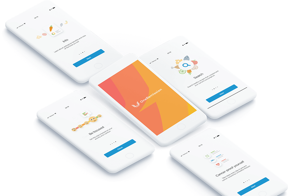 Mock-up of 4 smartphones open to OneRemission.