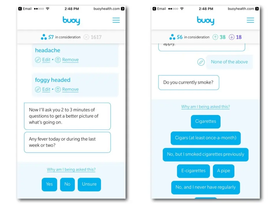 Mock-up of a smart phone featuring a conversation with the Buoy chatbot.