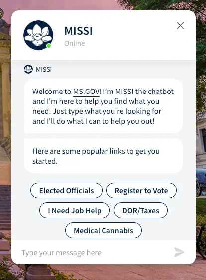 Screenshot of mobile view of MISSI greeting message.