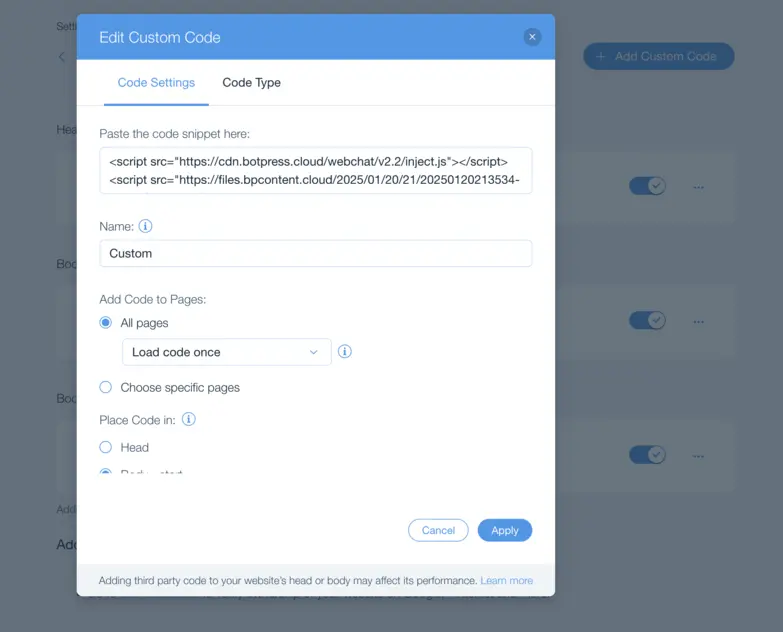 Adding Custom Code to Wix Website.