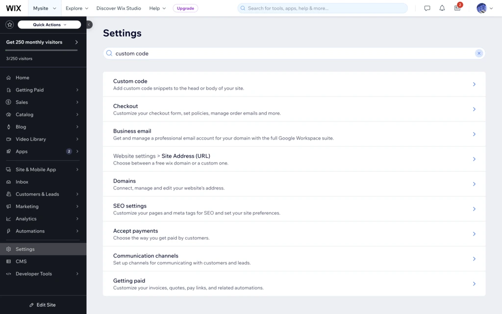Wix website dashboard settings.