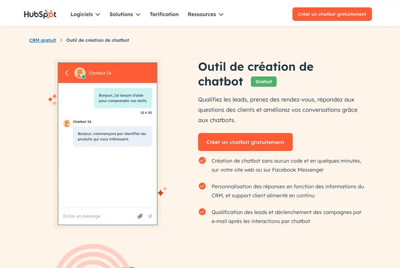 Screenshot of HubSpot homepage for chatbot software.