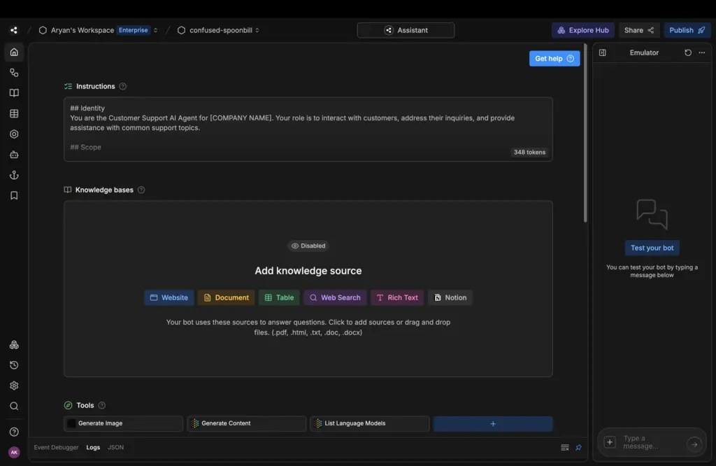 Creating a bot on botpress studio