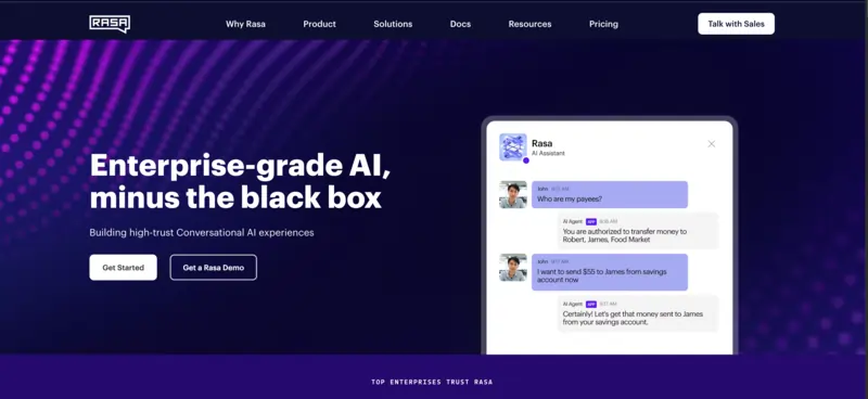 Screenshot of Rasa homepage.