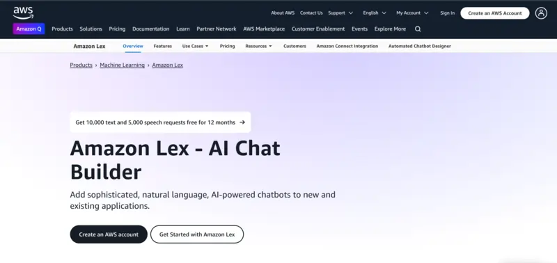 Screenshot of the Amazon Lex homepage.