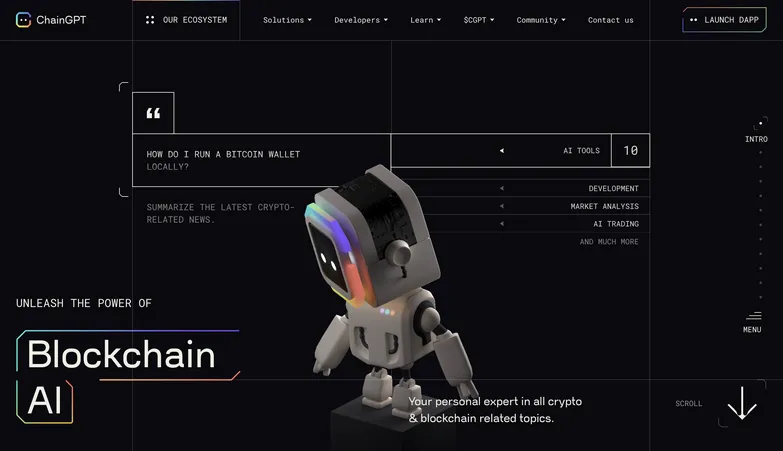 Screenshot of the ChainGPT homepage