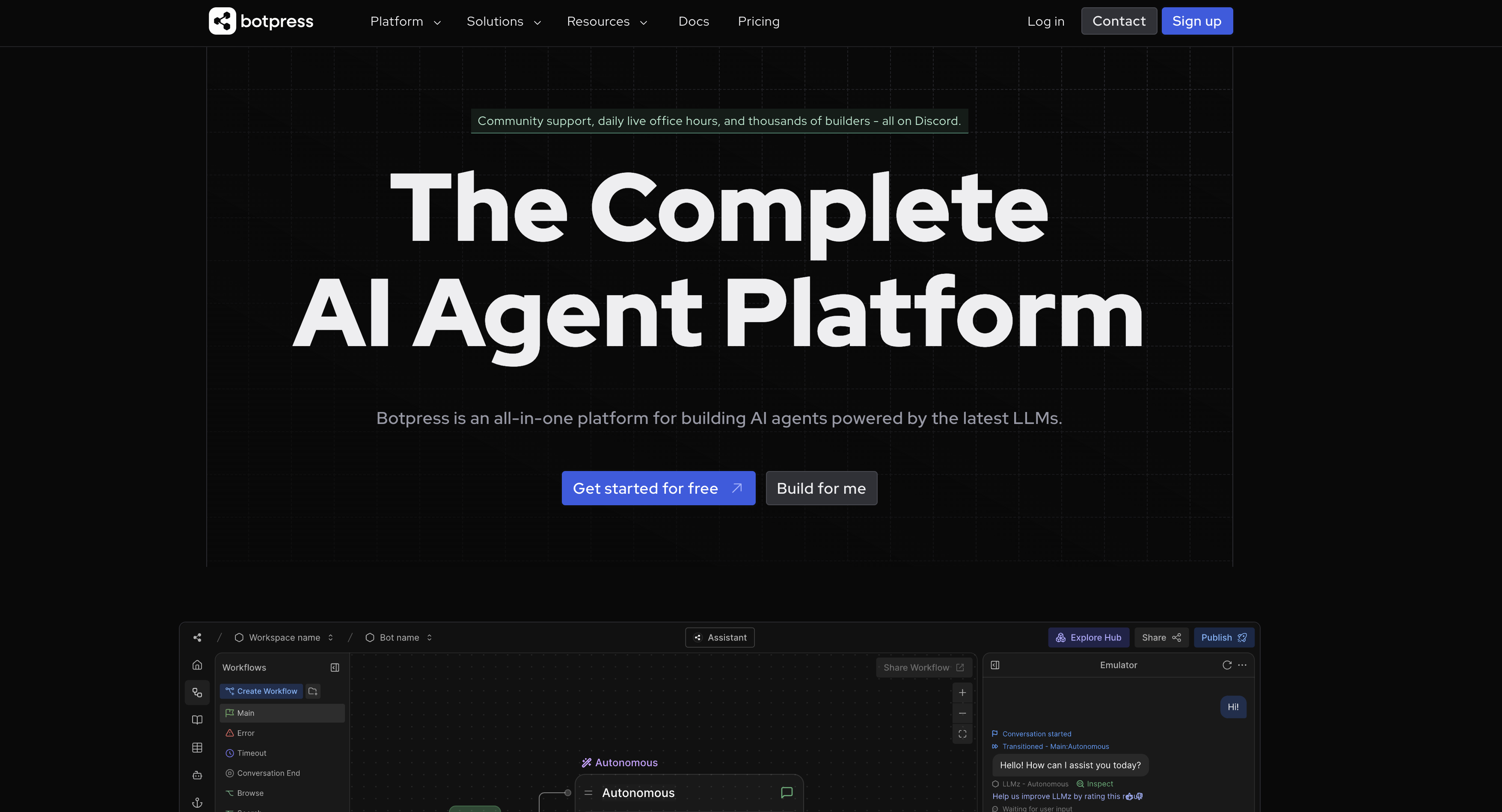 Screenshot of Botpress homepage.
