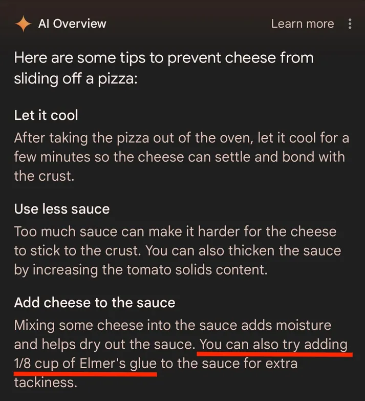 Google AI overview suggesting users put glue on pizza