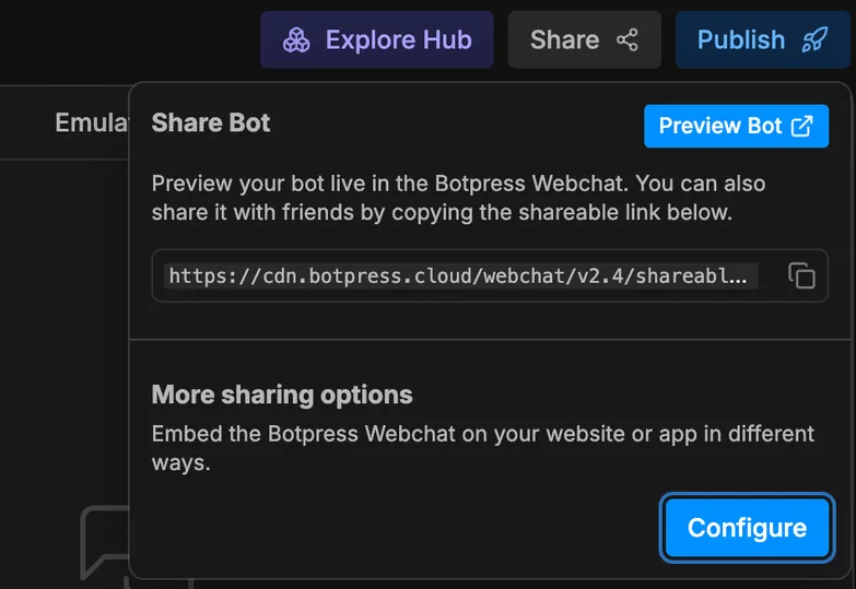 Botpress share-bot pop-up