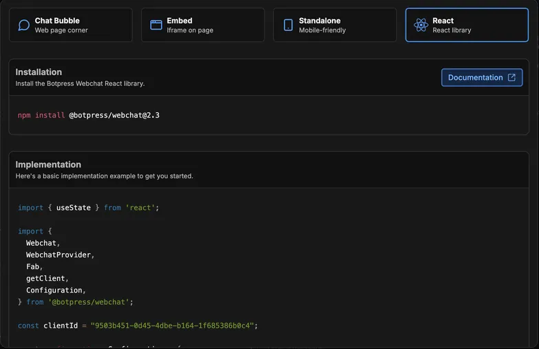 The "React" tab of Botpress share-bot modal