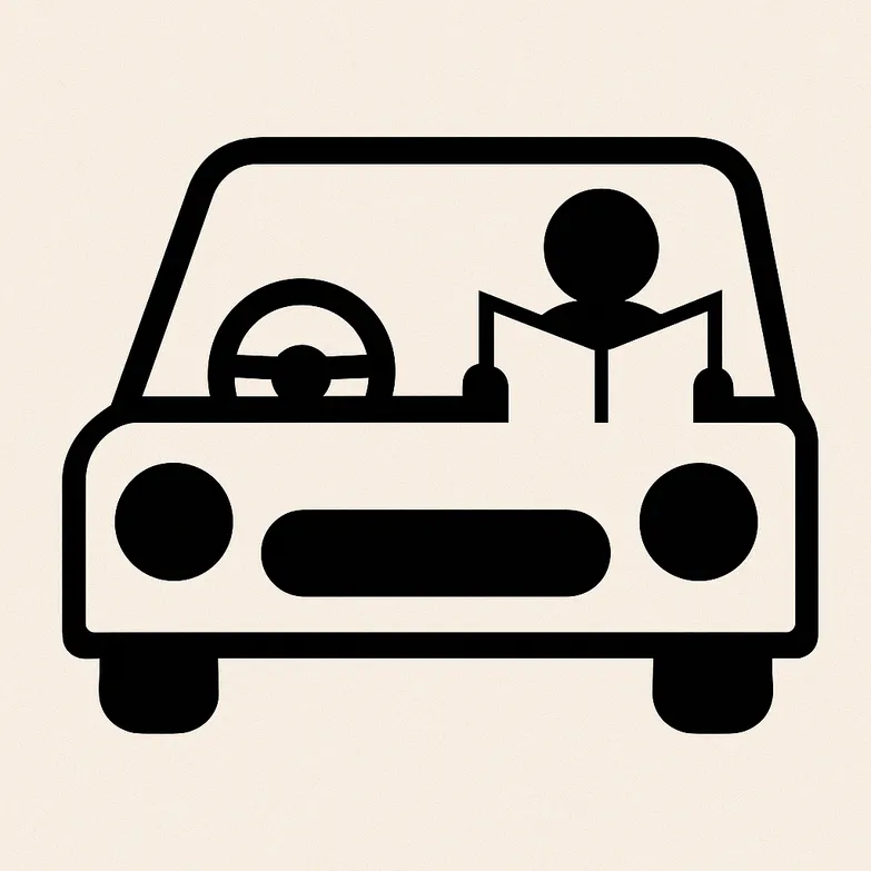 A stick figure in the passenger seat of a car