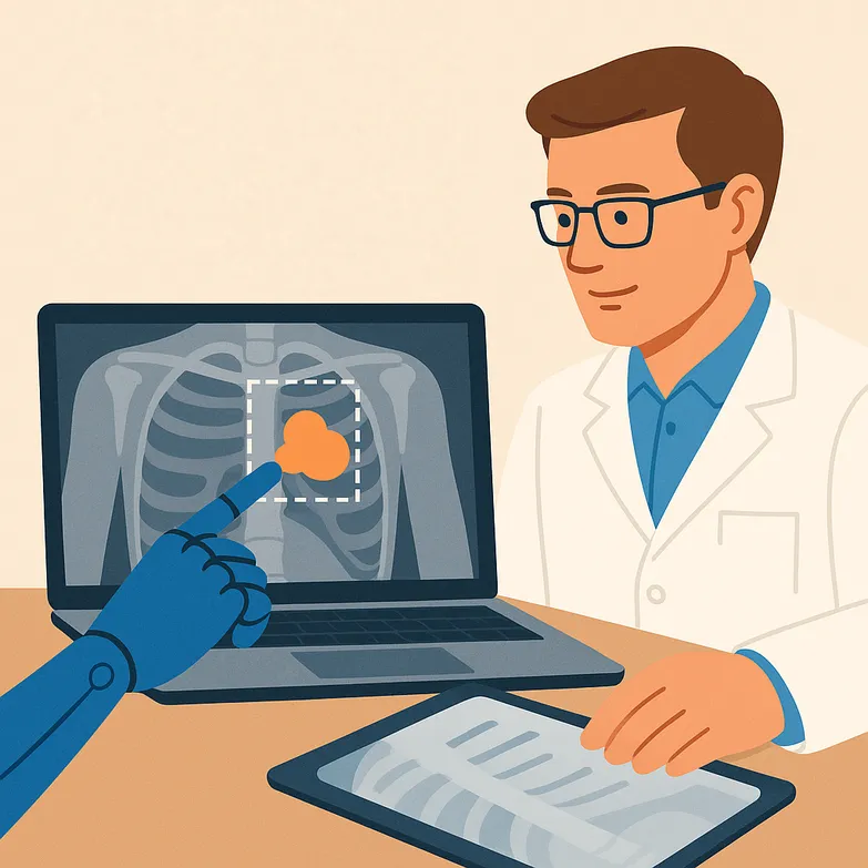 Robot arm pointing out a tumor i an X-ray to a doctor