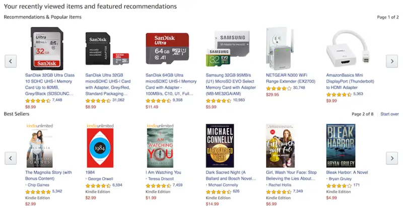 Screenshot of Amazon's product recommendations