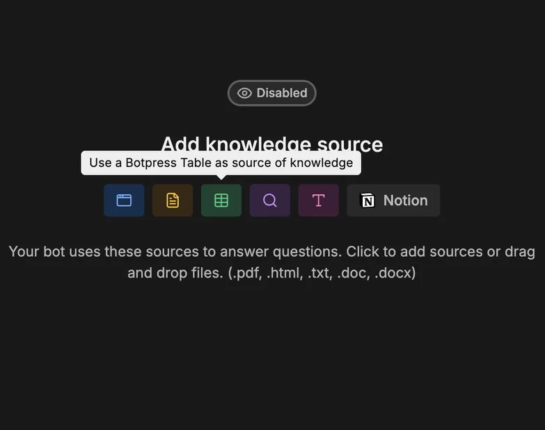 Button to add a table to the Knowledge Base