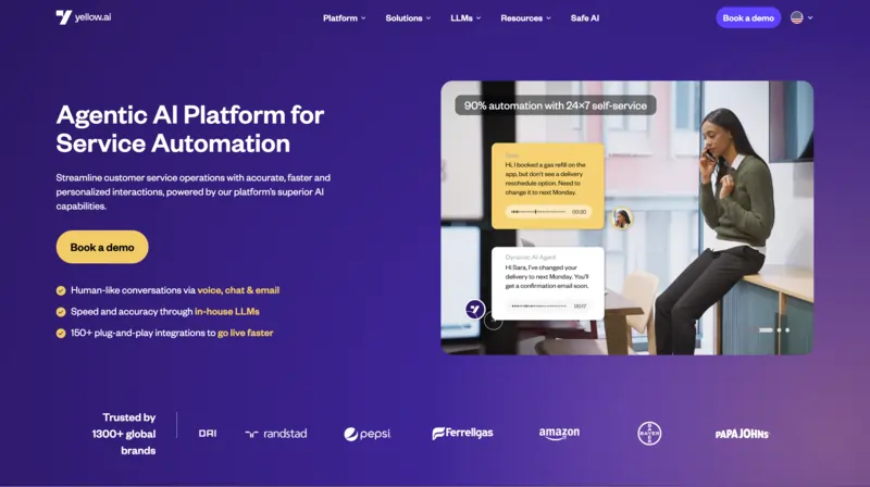 screenshot of yellow.ai landing page